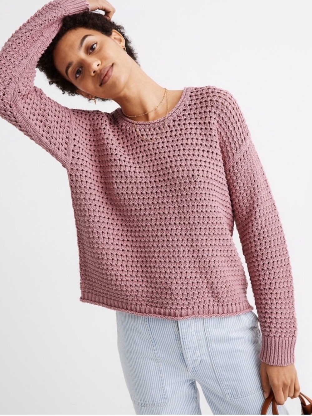Madewell Open-Stitch Austen Pullover Sweater in Mauve Size XL
